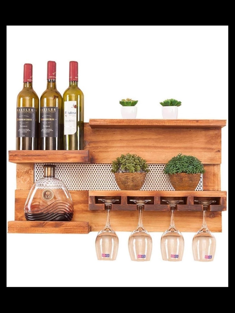 Wall-Mounted Wooden Wine Rack with Glass Holders - Brown